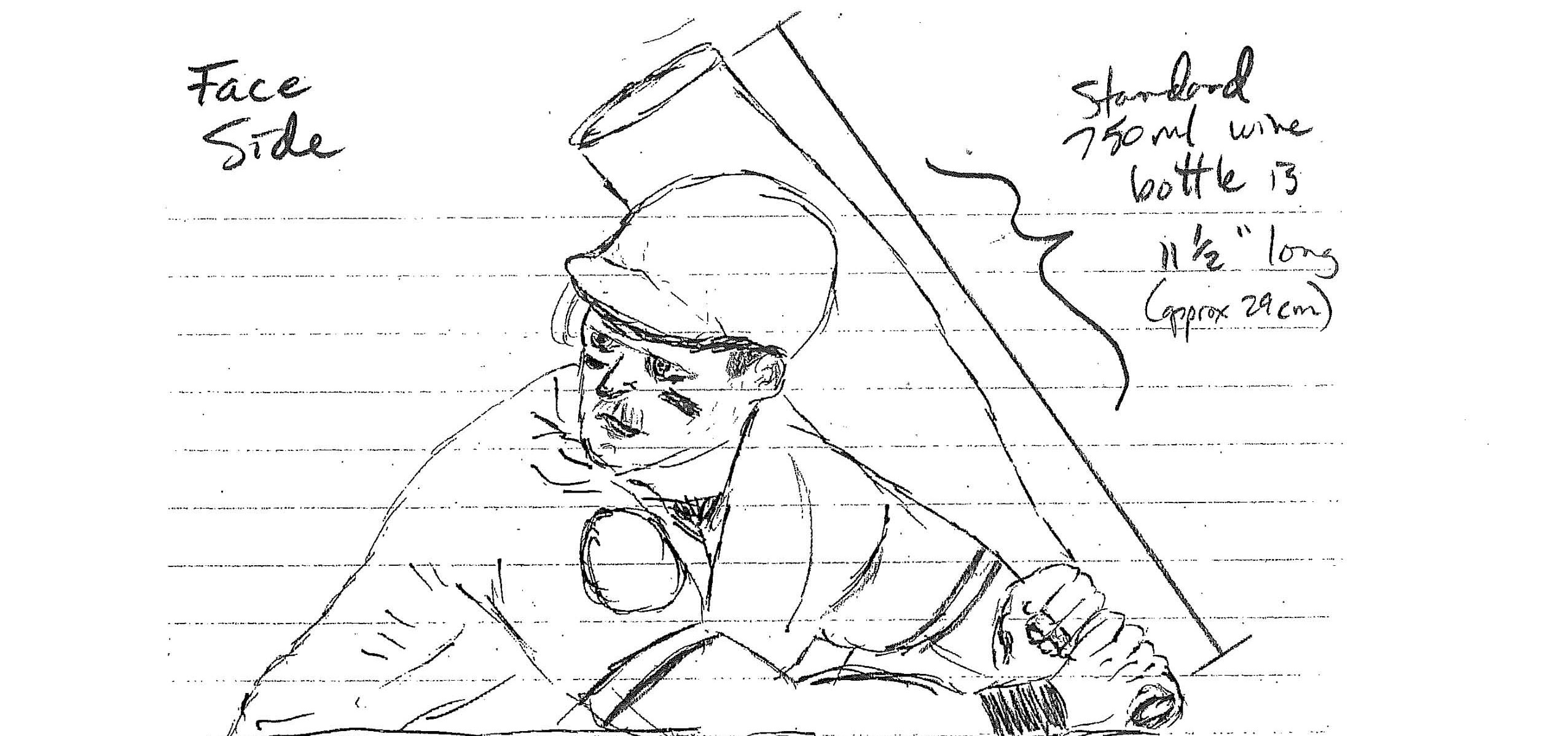 Pete Bush's 2008 sketch of the BamVino bottle holder, face side view